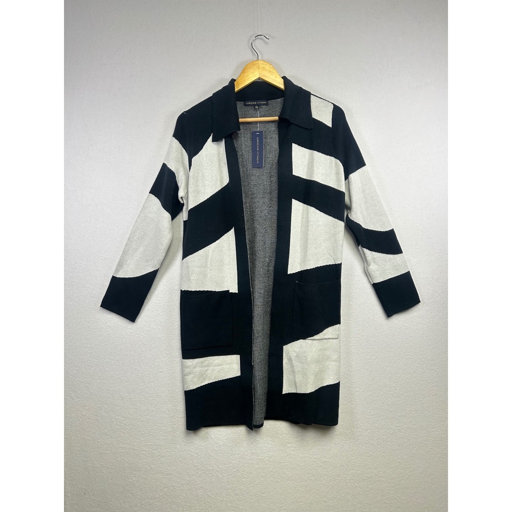 Adrienne Vittadini Black White Geometric‎ Print Longline Cardigan Sweater M